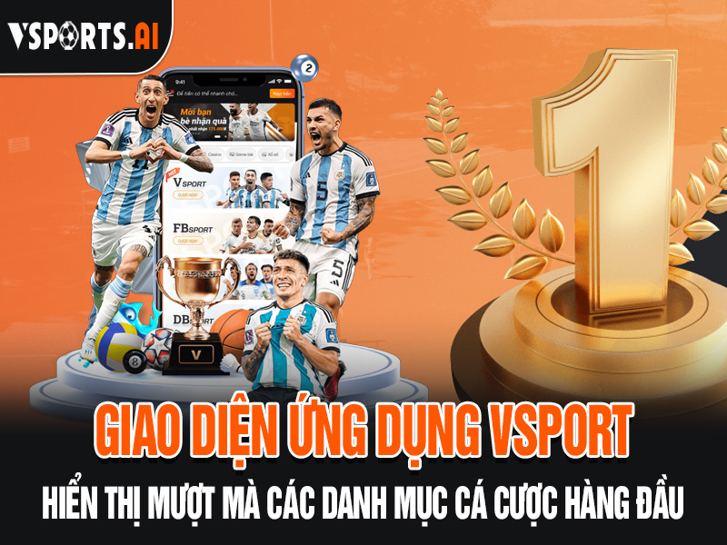HƯỚNG DẪN TẢI APP VSPORT 5 Giao diện chính của ứng dụng Vsport hiển thị các danh mục cá cược thể thao, casino trực tuyến, và các dịch vụ khác với logo chữ V màu cam