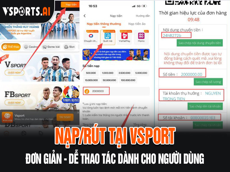 HƯỚNG DẪN TẢI APP VSPORT 2 Hình minh họa các phương thức thanh toán và giao diện nạp-rút tiền trên ứng dụng Vsport
